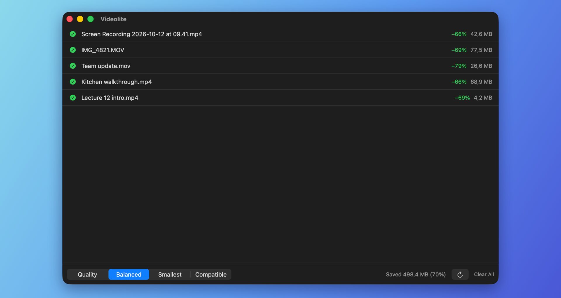 The Videolite window listing five finished videos, each 66 to 79 percent smaller, with the Balanced preset selected and a total of 498 MB saved.